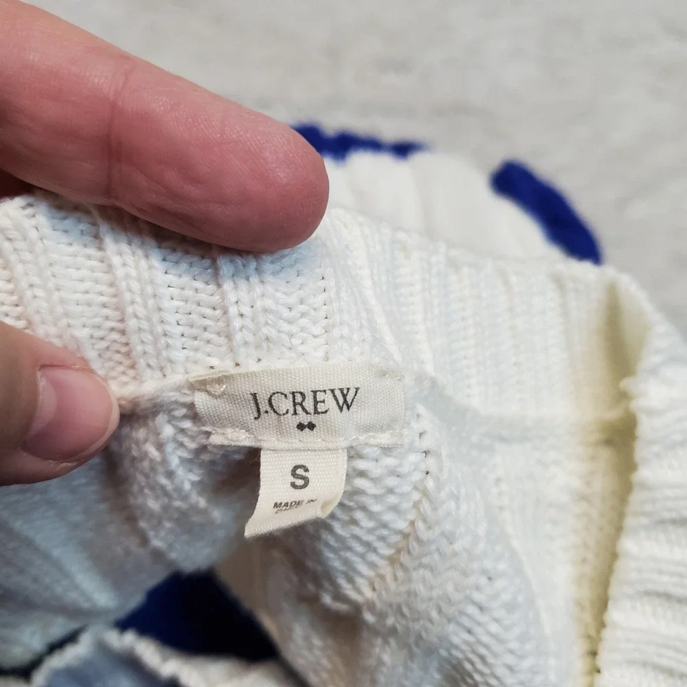 J. Crew White Blue Striped Cable Knit Sweater Small Preppy Chunky Cozy Cotton